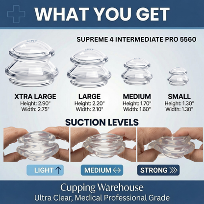 Supreme 4 Intermediate Pro 5560 — (4 Sizes: S, M, L, XL)Soft, Easy-Squeeze Silicone Cupping Set for Beginners & Self-Care