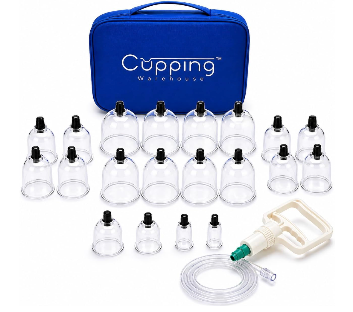 20-Cup Polycarbonate Cupping Set — Pump-Gun Kit with Crack-Proof Silicone Valves, Flexible Hose & Travel Bag for Massage & Recovery
